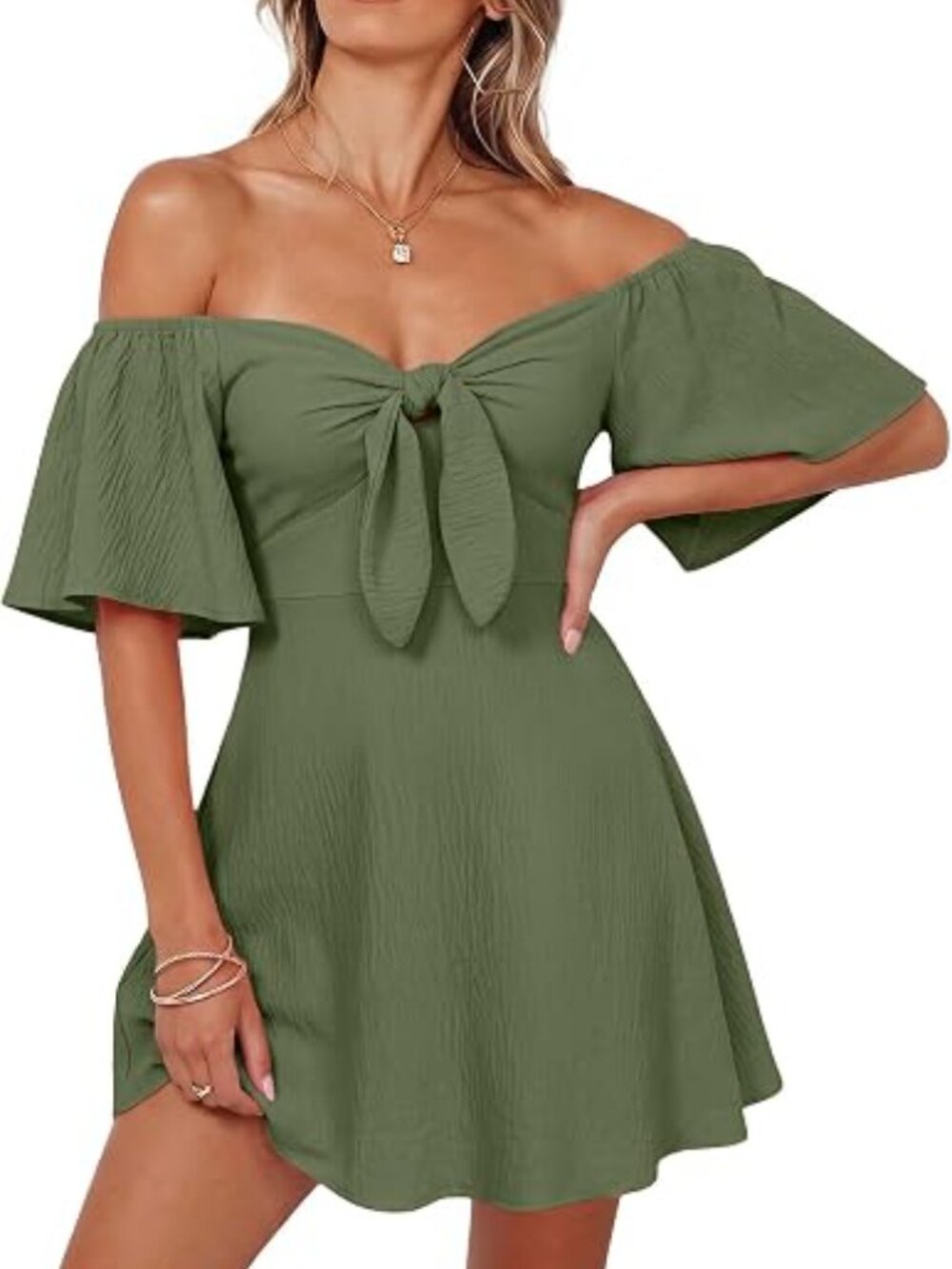 Women's Moss Summer Deep Short Sleeve V Neck Elegant Bow Tie Mini Party Dress
